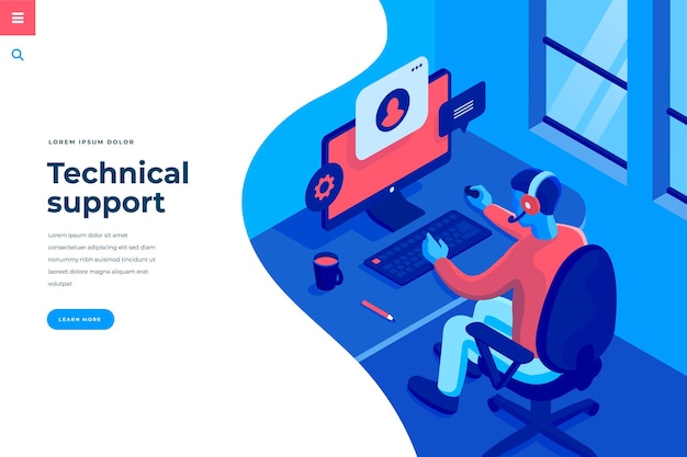 Vector technical support isometric vector illustration for landing page header template or web banner with copy space for text male character call center operator in headset interact with computer