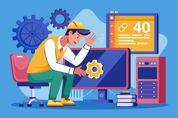 Vector a technician focuses on resolving a no connection error while working at a tech support station technician fixing error 404 no connection