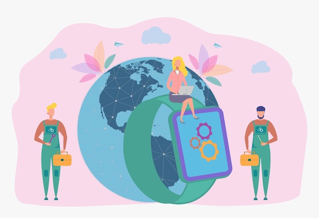 Vector technicians using a wrench and screwdriver repair a smart watch