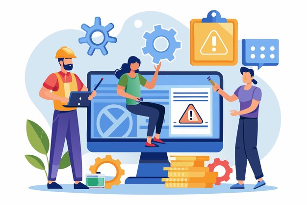 Vector technicians work together to identify and fix errors displayed on a computer while using various tools technicians fix errors on the website