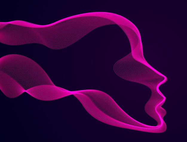 Vector technological time spirit vector visualization in shape of human head made of dotted particles array flow in curve shapes, vector futuristic illustration.