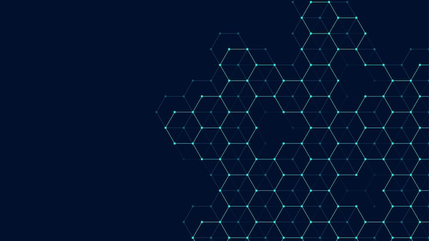 Vector technology abstract lines and dots connect background with hexagons. hexagon grid. hexagons connection digital data and big data concept. hex digital data visualization. vector illustration.