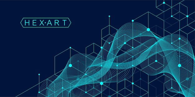 Vector technology abstract lines and dots connect background with hexagons