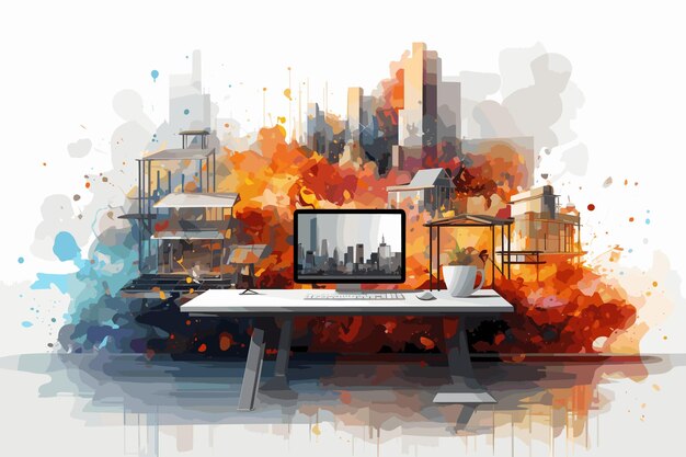 Vector technology desk and computer with security screen and connection for online reading keyboard