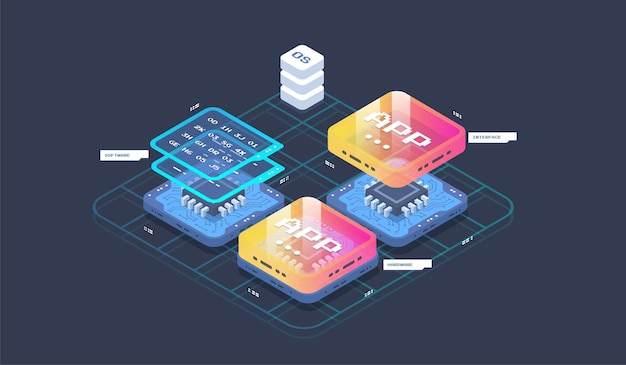 Vector technology process of app and program. application development vector isometric illustrations. software development coding process concept.
