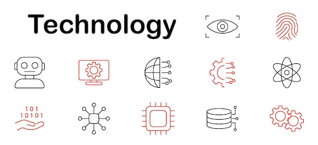 Vector technology set icon robot chip atom fingerprint eye scan binary code gears data globe monitor network ai innovation science future cyber digital system