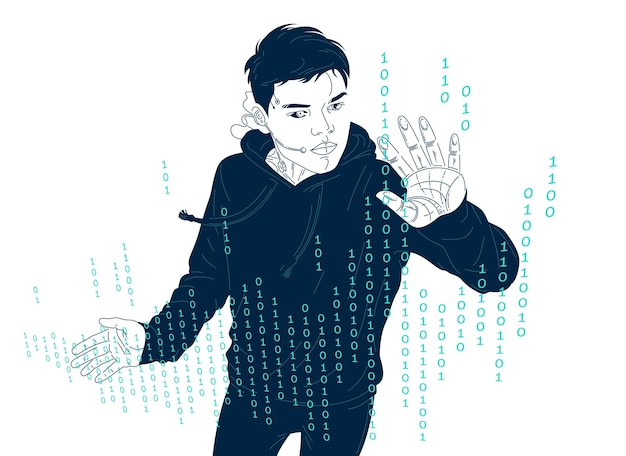 Vector teenager boy programmer editing digital code vector illustration programming coder young man software development virtual reality