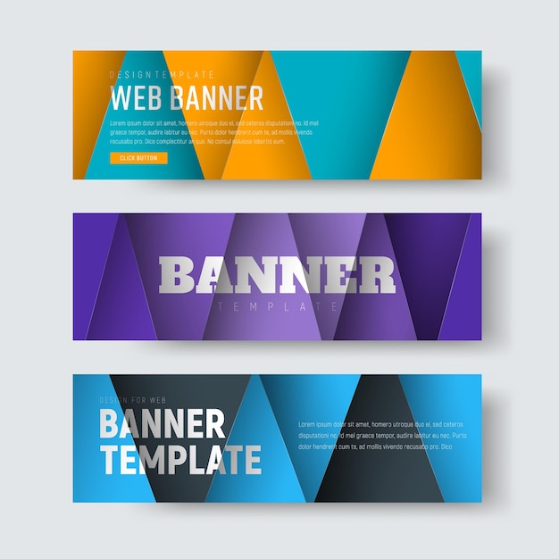 Vector template of horizontal web banners in the style of material design with colored floating sheets of paper intersecting into triangles.