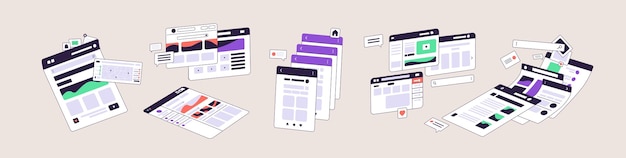 Vector templates of web application ui set design of user interface of mobile app for search information in internet gui of screens of online service website for phone flat isolated vector illustrations