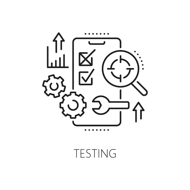 Vector testing web app develop and optimization icon of software test and analysis line vector mobile phone app or web application software test of ui usability ux analytics and process error or debugging