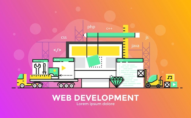 Vector thin line smooth gradient flat design banner of web development