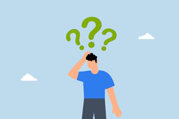 Vector thinking to make decision businessman with suspicious gesture thinking about something with question markx9