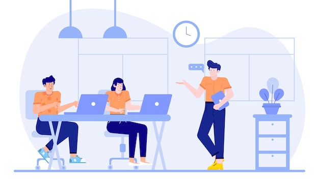 Vector three people in a business team are talking about business in a modern and creative coworking space