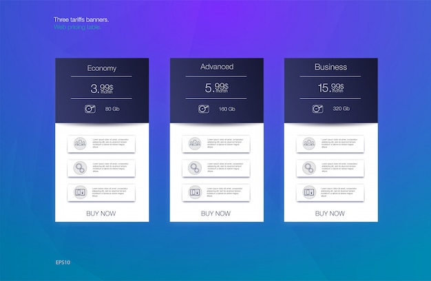 Vector three tariffs banners. web pricing table. vector design for web app. price list.