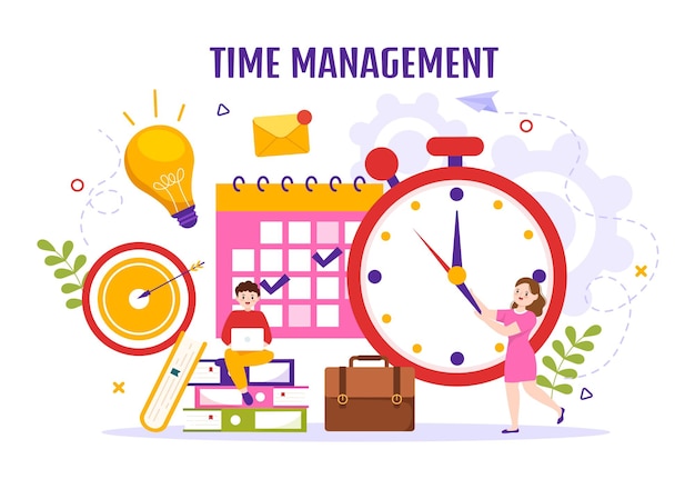 Vector time management illustration with clock controls and tasks planning training activities schedule