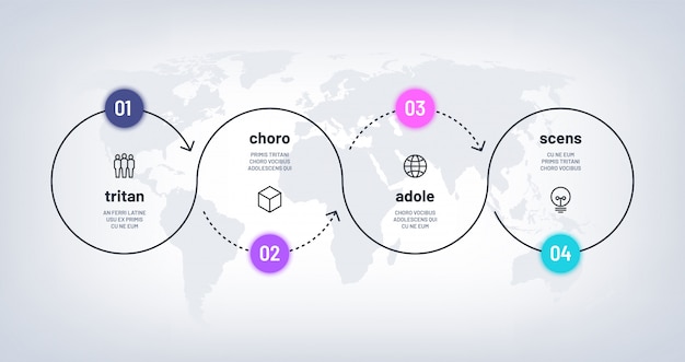 Vector timeline infographic. loop process chart with 4 step on world map. business four options process with numbers. workflow diagram