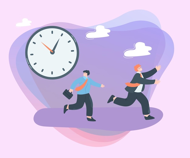 Vector tiny businessmen running away from rolling clock