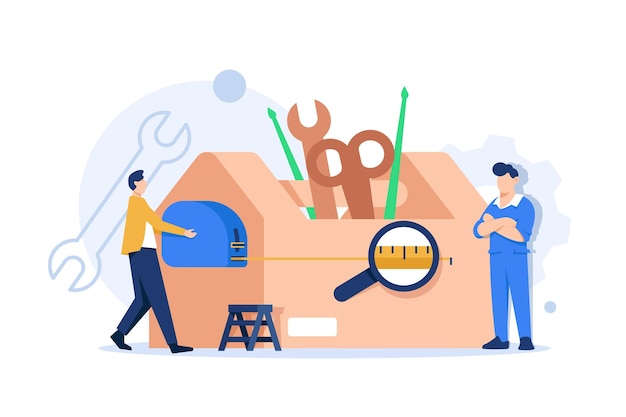Vector tiny characters use the tool, workman's toolkit,toolbox with instruments inside
