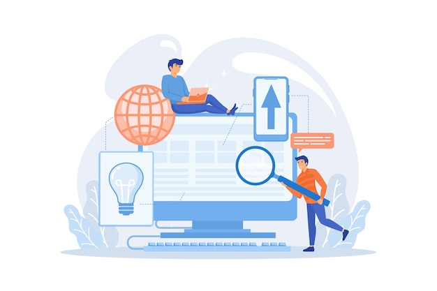 Vector tiny people developers at computer working on core system. core system development, all in one