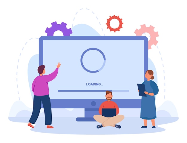 Vector tiny programmers waiting for computer to load. people updating software, program or operation system, application or app flat vector illustration. technical upgrade concept