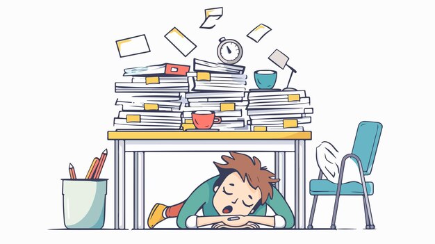 Vector tired employee sleeping yawning and stretching