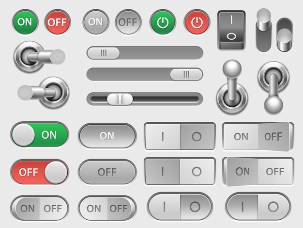 Vector toggle switch on off slider and adjustable button user interface skeuomorphic elements for option menu vector switches isolated set