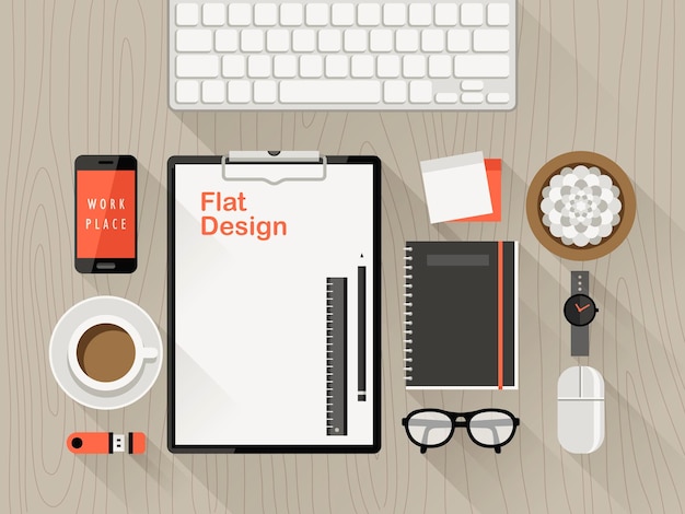 Vector top view of workplace in flat design