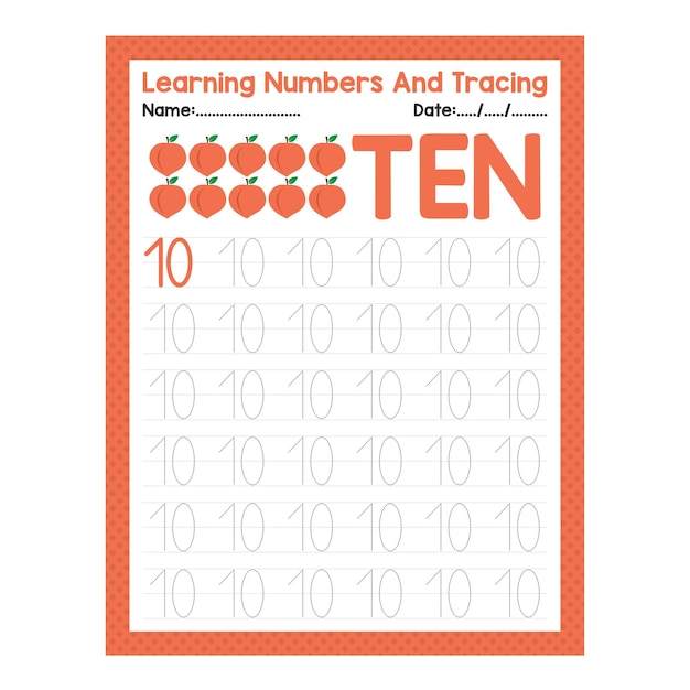 Vector trace the number ten beginning math worksheet for preschool kid activity sheet back to school