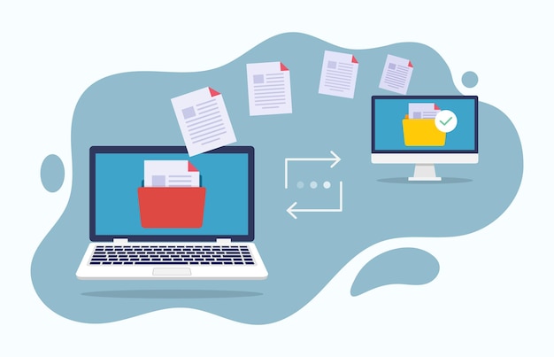 Vector transfer file of data between laptop and computer files transferred encrypted form backup of in formation on pc system exchange of files on folder on computer system