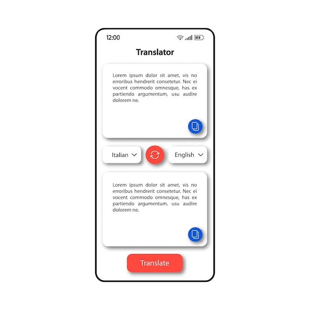 Vector translator online smartphone interface vector template. mobile app page color design layout. text translation options screen. flat ui for application. foreign languages interpreter phone display