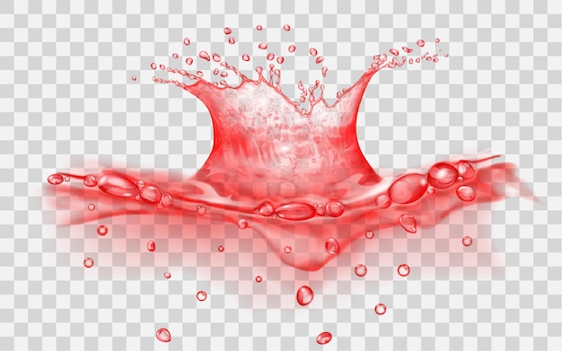 Vector translucent water surface with crown and drops from falling object. splash in red colors, isolated on transparent backdrop. side view. transparency only in vector file