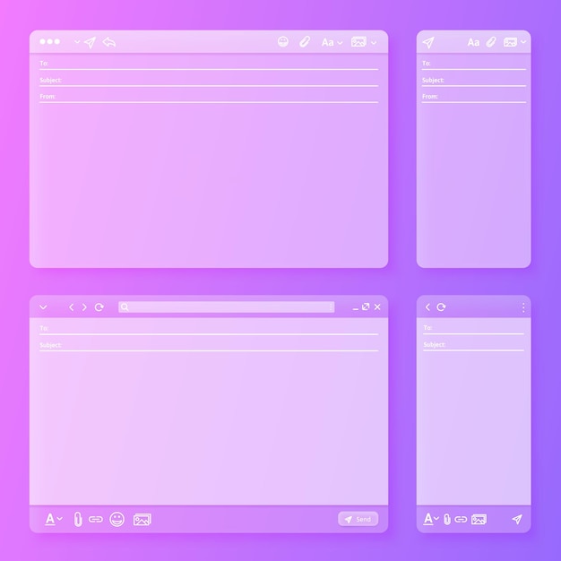 Vector transparent email interface webmail mobile and desktop client app layout new message form window vector ui template set