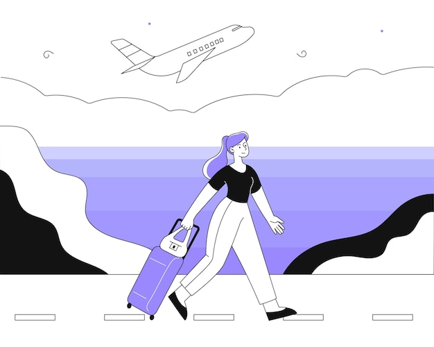 Vector traveler with suitcase at road line concept young woman walks along highway in front of plane taking