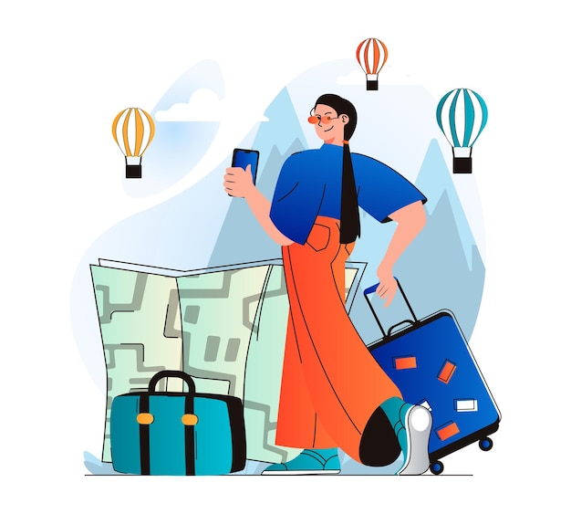 Vector traveling people concept in modern flat design woman traveler with luggage went on vacation