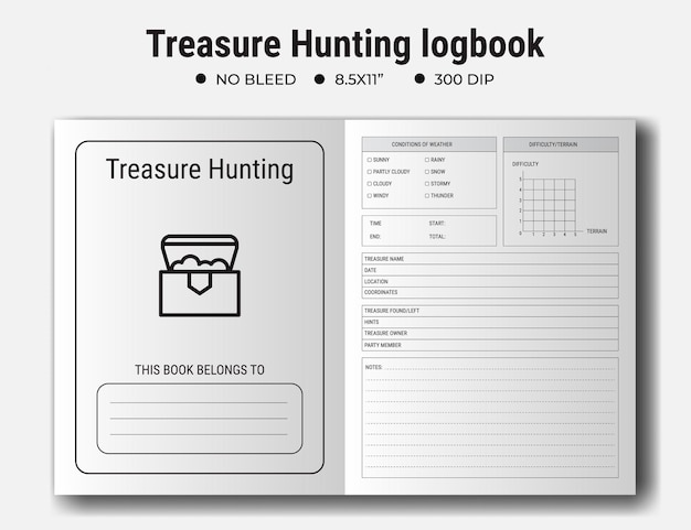 Vector treasure hunting logbook or notebook kdp interior