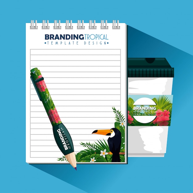 Vector tropical design with notebook and plastic coffee cup