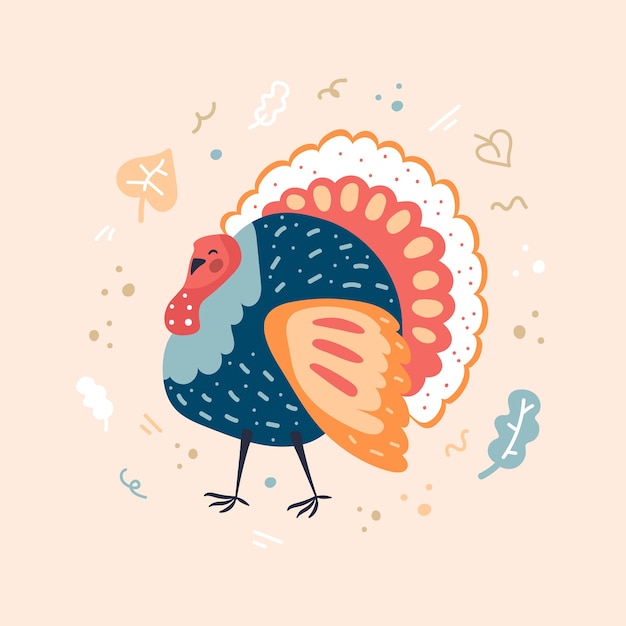 Vector turkey with natural decor design. thanksgiving greeting card. flat illustration.