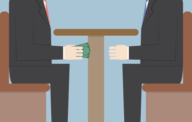 Vector two businessmen passing money under the table