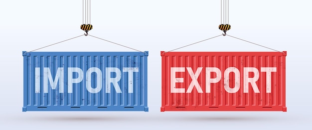 Vector two cargo containers with import and export red and blue containers with scuffs and scratches