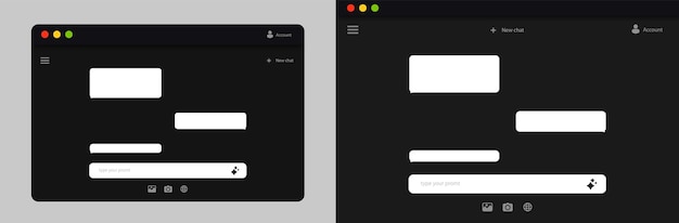 Vector two darkthemed chat interfaces displaying simple text speech bubbles and user interface elements