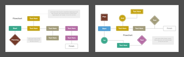 Vector two flowchart templates displaying different processes with colored shapes and text boxes