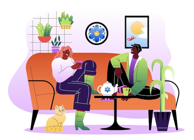 Vector two friends relaxing on an orange sofa with hot drinks indoor plants a cat and wall decor in a cozy