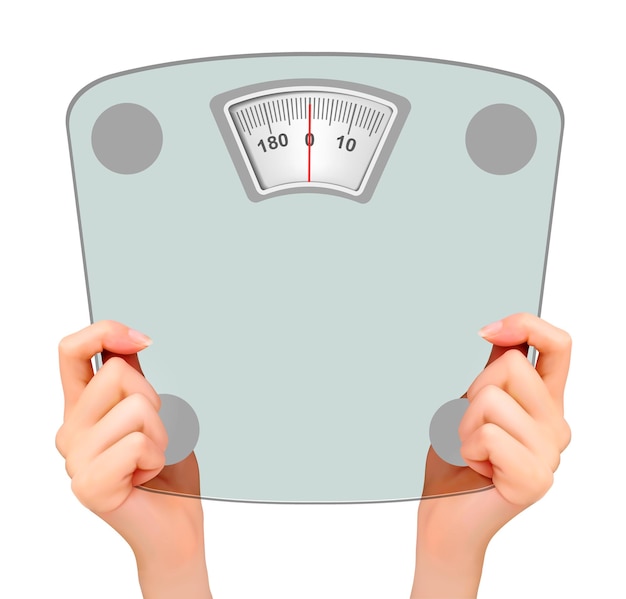 Vector two hands, holding up a scale. concept of diet. 