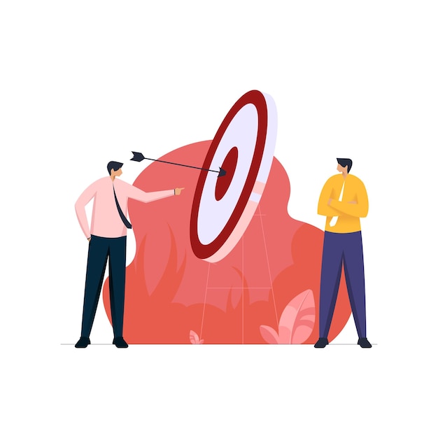 Vector two men are standing in front of a large target with a arrow in the center.