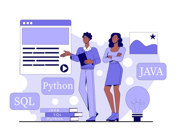 Vector two people discussing programming languages like python java and sql with icons and books around