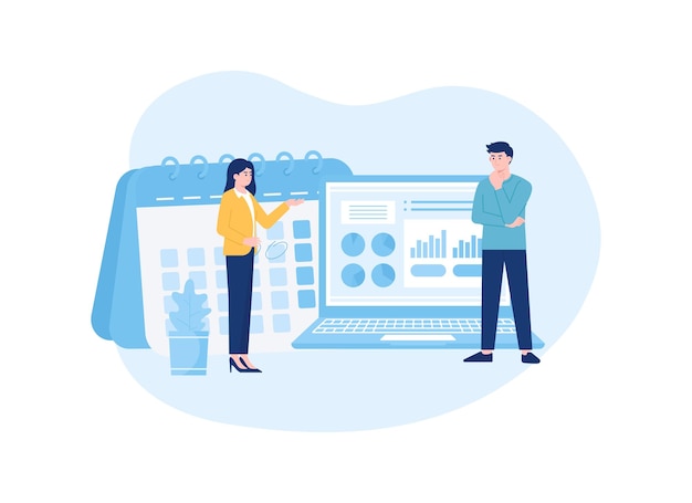 Vector two people with laptops and calendars concept flat illustration