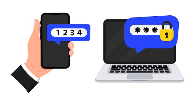 Vector two step authentication 2fa authentication password two factor verification with mobile phone and laptop notice with code for secure login or sign in authentication verify permission request