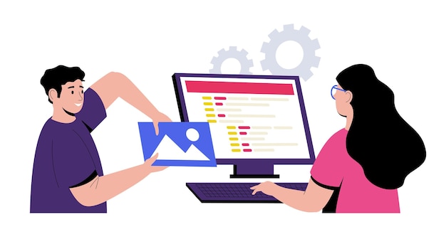 Vector two web developers collaborating on digital project insert an image into website code displayed on computer screen teamwork technology and development topics vector illustration