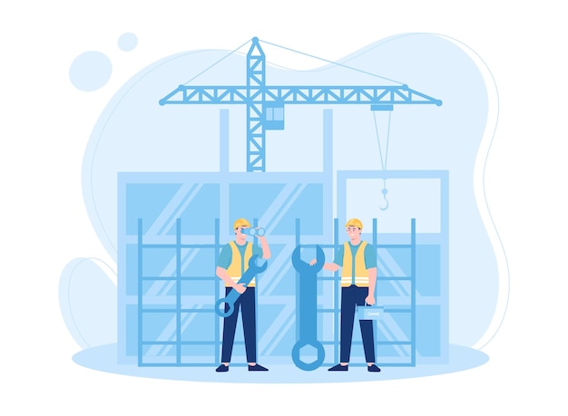 Vector two workers were making observations while working on the building concept flat illustration