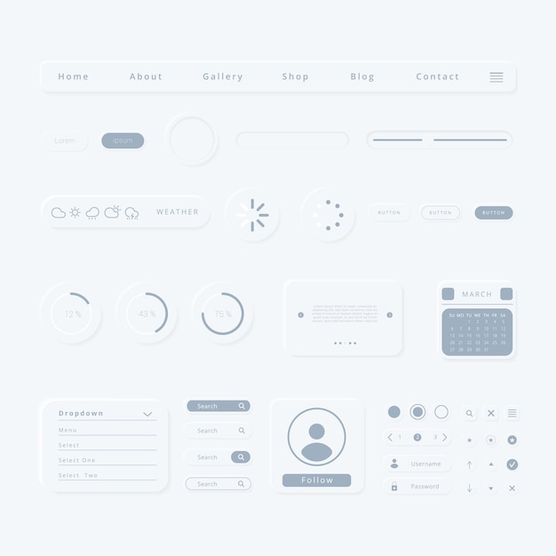 Vector ui components elements with neumorphic style for mobile web app or website development interfaces